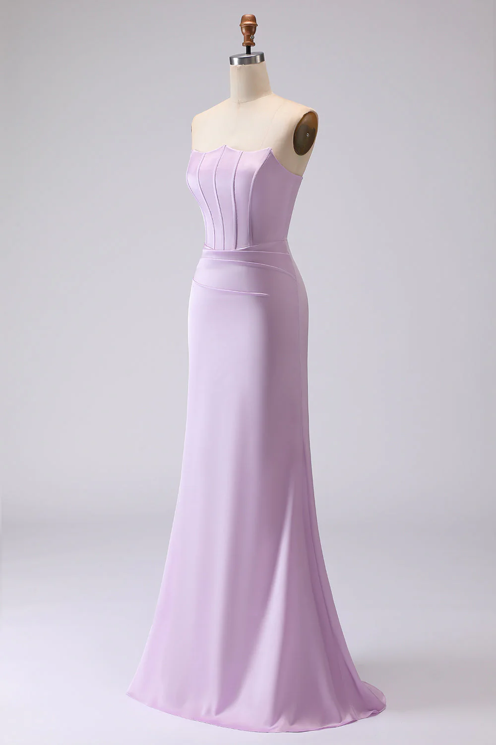 Simple Mermaid Strapless Corset Frosted Lilac Satin Long Bridesmaid Dress - Image 3