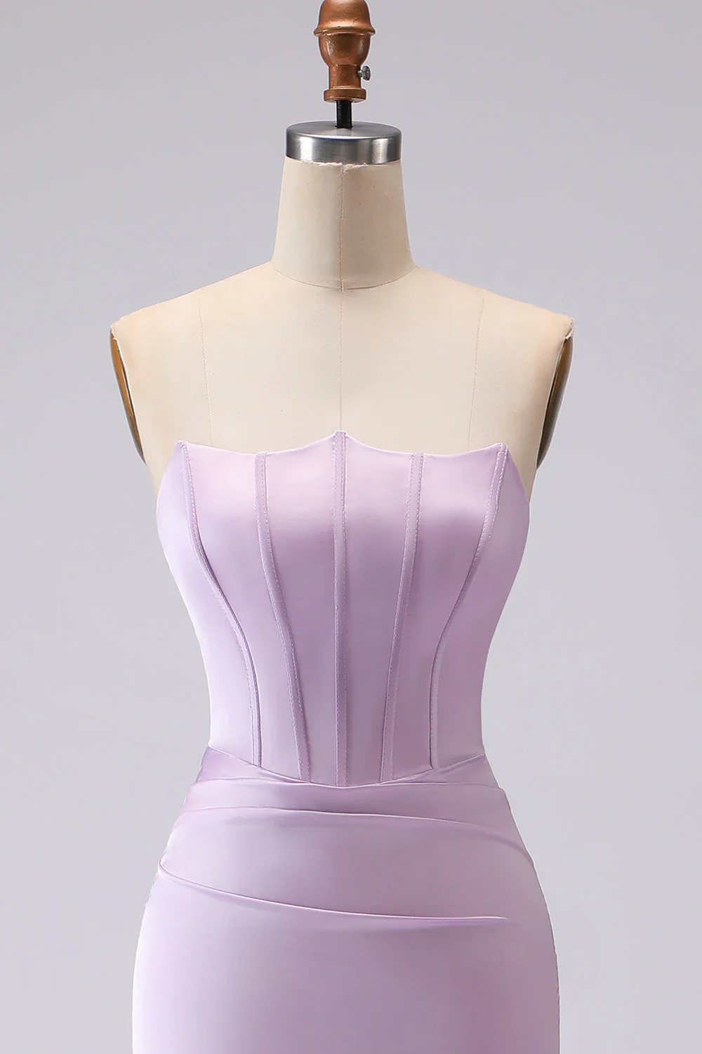 Simple Mermaid Strapless Corset Frosted Lilac Satin Long Bridesmaid Dress - Image 4