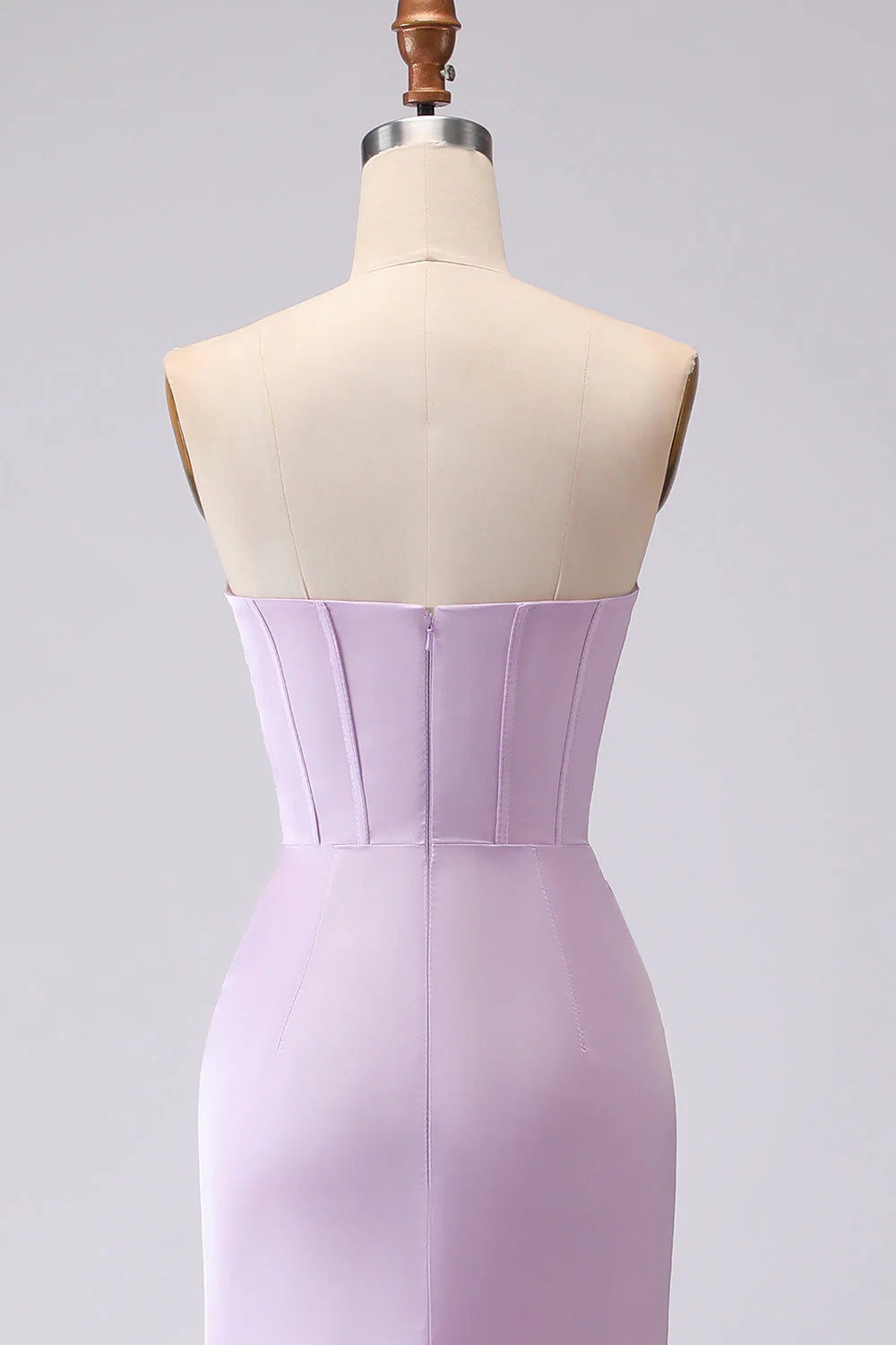 Simple Mermaid Strapless Corset Frosted Lilac Satin Long Bridesmaid Dress - Image 5