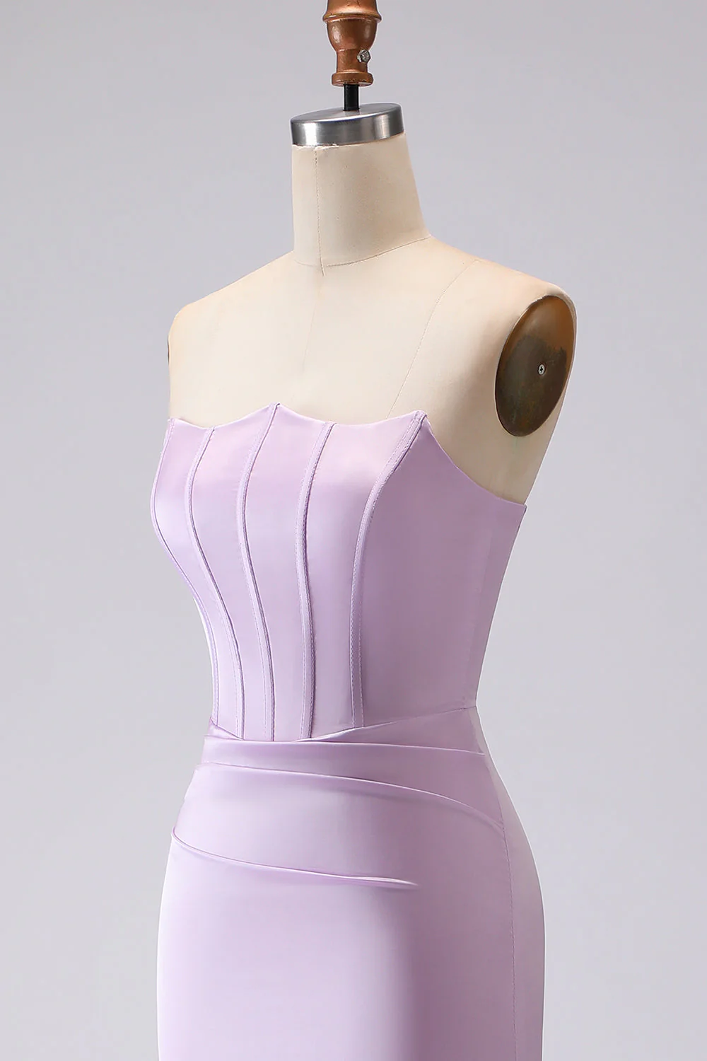 Simple Mermaid Strapless Corset Frosted Lilac Satin Long Bridesmaid Dress - Image 6