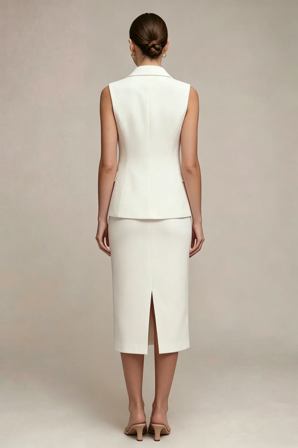 White Single Breasted 2 Piece Midi Notched Lapel Work Dress with Back Slit - Image 2