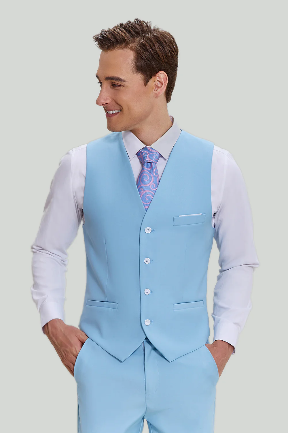 Sky Blue 3 Piece Notched Lapel Men's Modern Fit Suit - Image 3