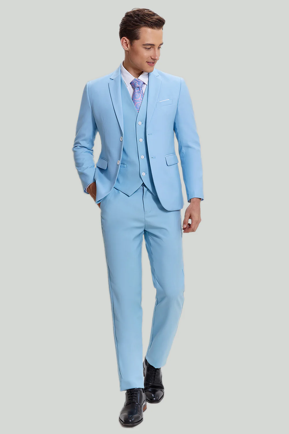 Sky Blue 3 Piece Notched Lapel Men's Modern Fit Suit - Image 5