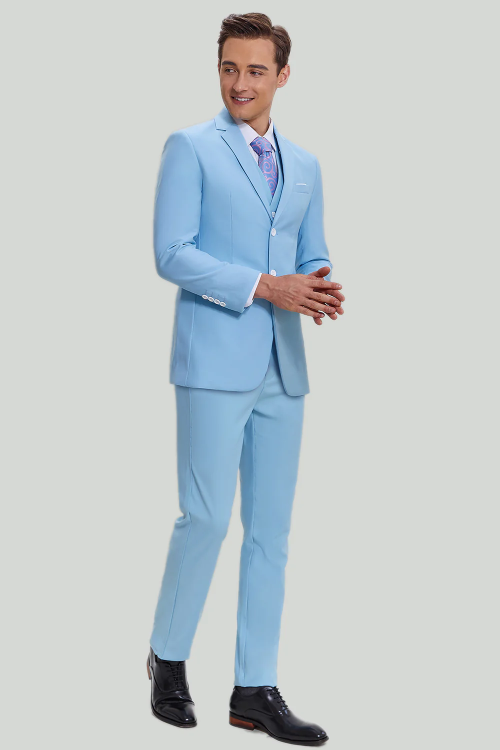 Sky Blue 3 Piece Notched Lapel Men's Modern Fit Suit - Image 6