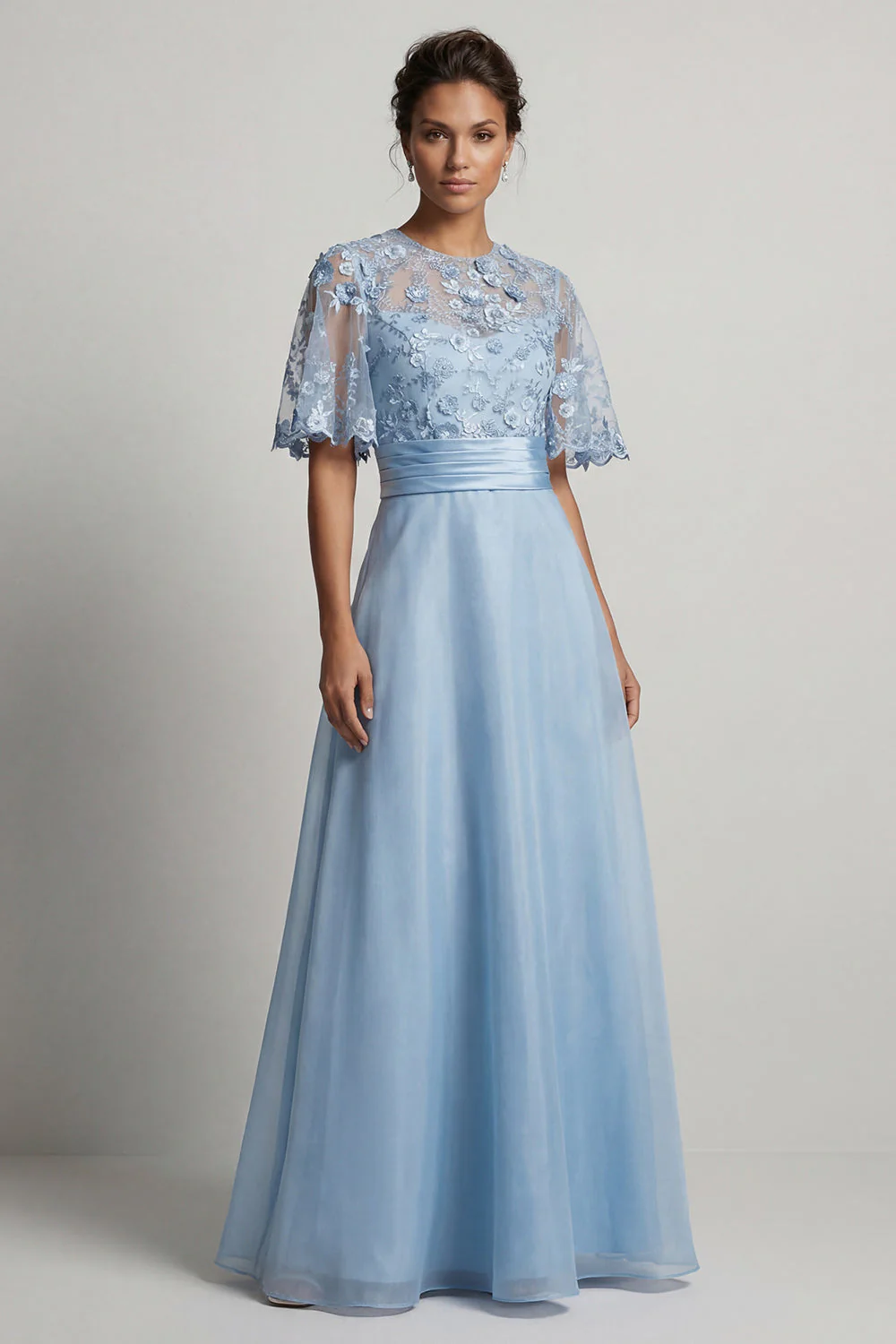 Sky Blue A Line 3D Flowers Long Mother of the Bride Dress with Half Sleeves - Image 3