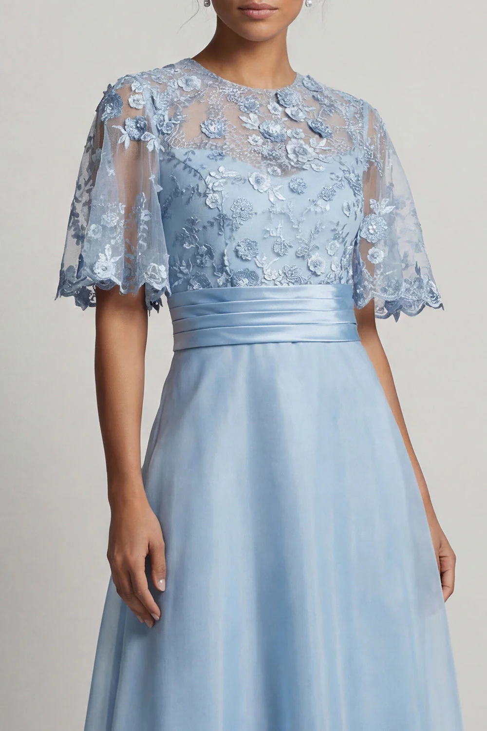 Sky Blue A Line 3D Flowers Long Mother of the Bride Dress with Half Sleeves - Image 4