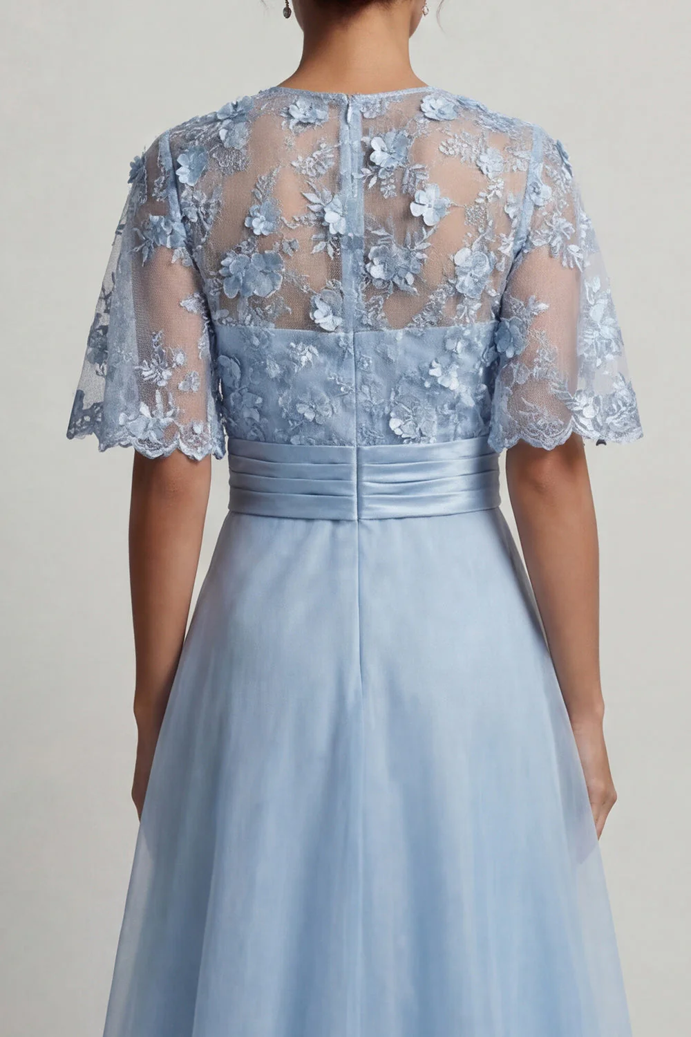 Sky Blue A Line 3D Flowers Long Mother of the Bride Dress with Half Sleeves - Image 5