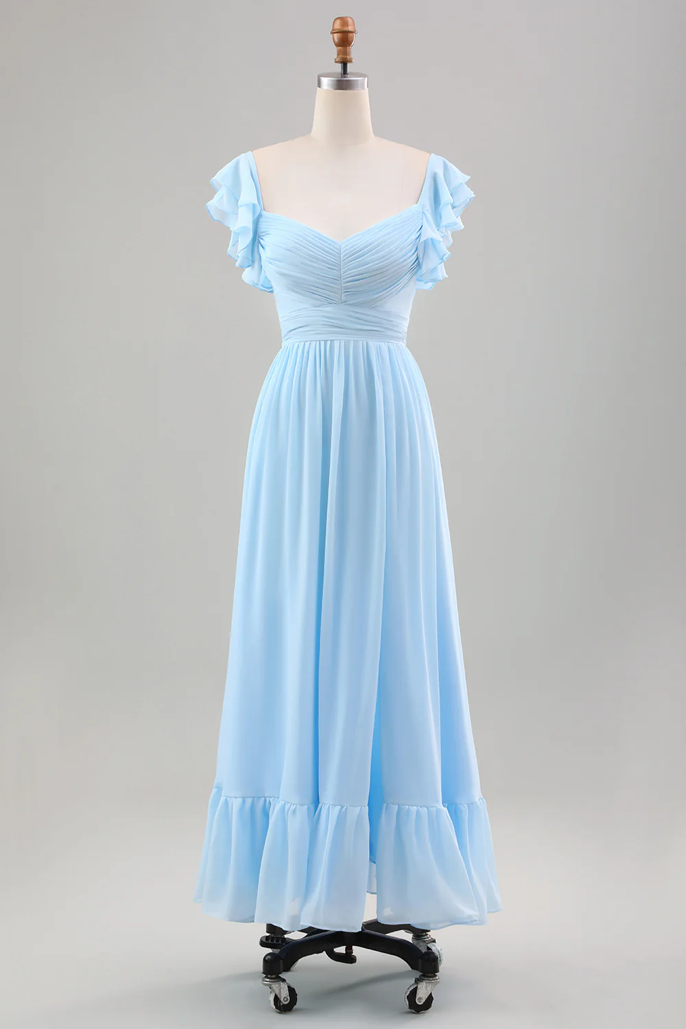 Sky Blue A Line Chiffon Pleated Ruffle Sleeves Wedding Guest Dress with Slit - Image 4