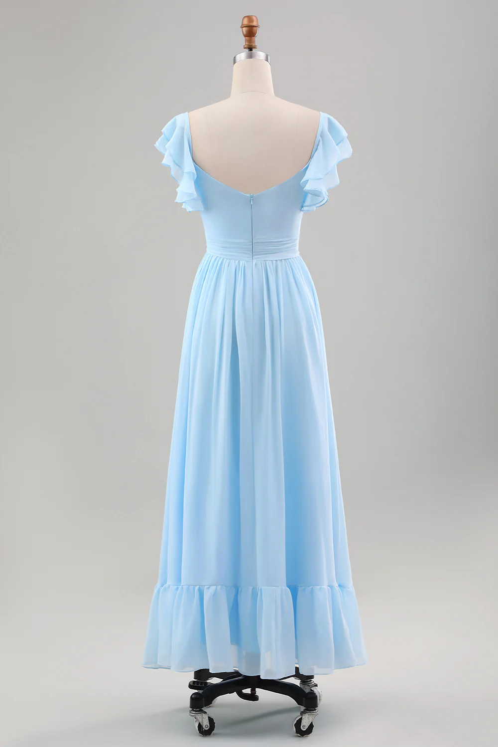 Sky Blue A Line Chiffon Pleated Ruffle Sleeves Wedding Guest Dress with Slit - Image 5