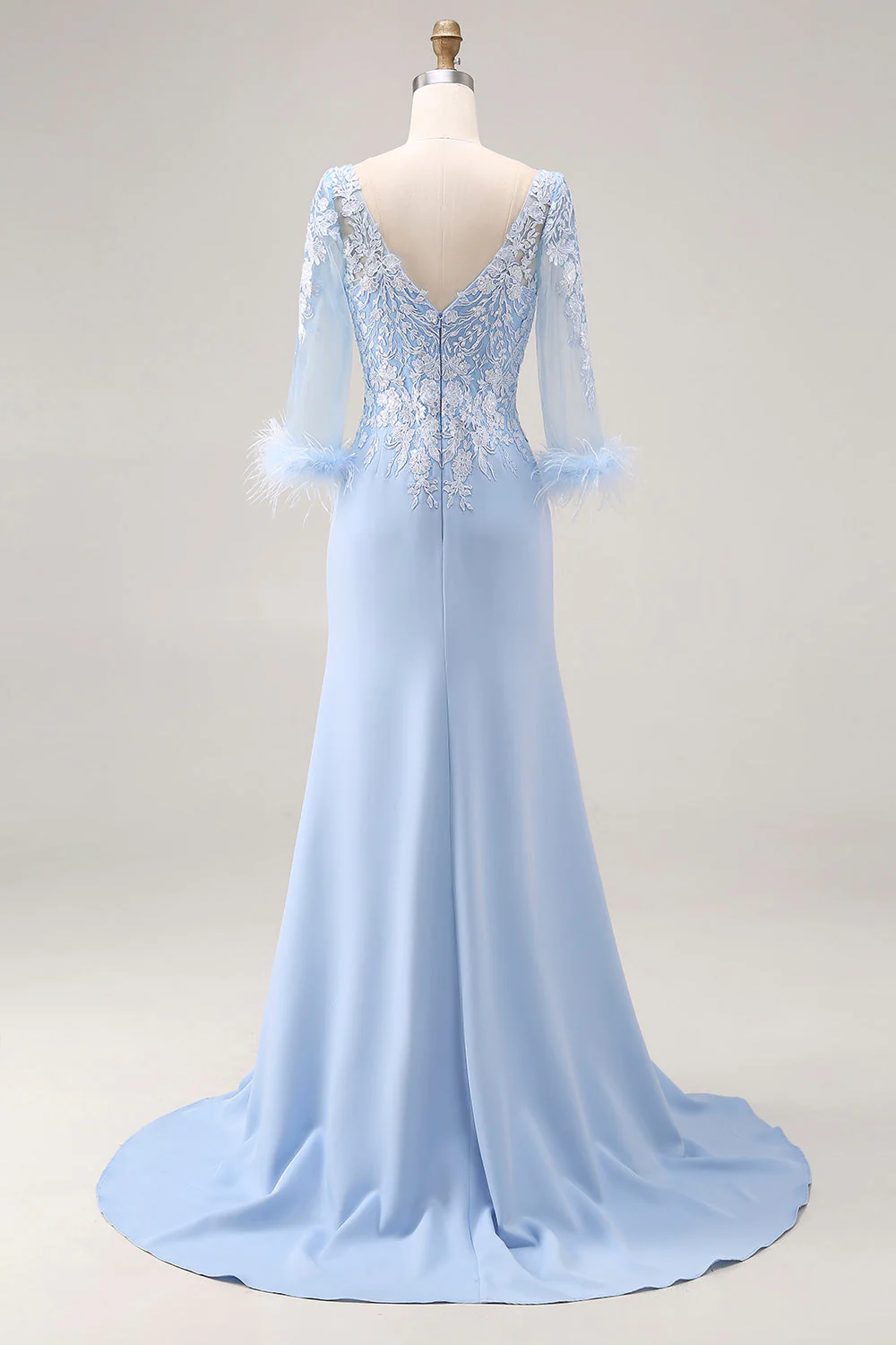 Sky Blue Apppliques V Neck Mermaid Mother Of The Bride Dress with Sleeves - Image 2