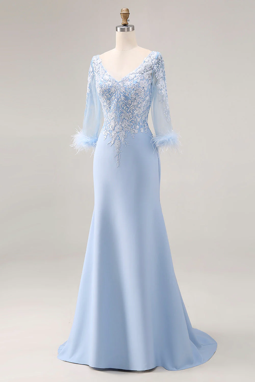 Sky Blue Apppliques V Neck Mermaid Mother Of The Bride Dress with Sleeves - Image 3
