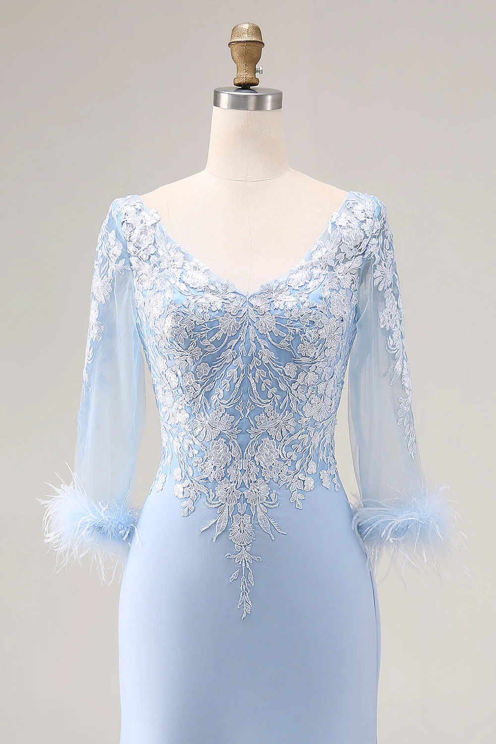 Sky Blue Apppliques V Neck Mermaid Mother Of The Bride Dress with Sleeves - Image 4