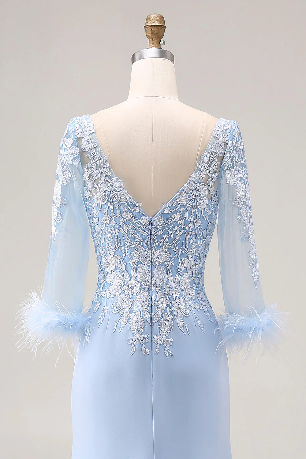 Sky Blue Apppliques V Neck Mermaid Mother Of The Bride Dress with Sleeves - Image 5
