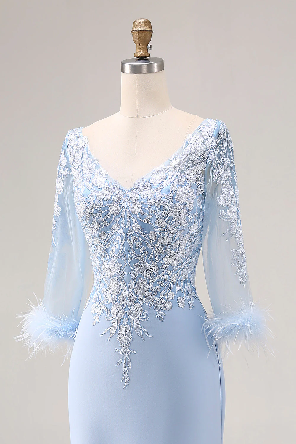 Sky Blue Apppliques V Neck Mermaid Mother Of The Bride Dress with Sleeves - Image 6