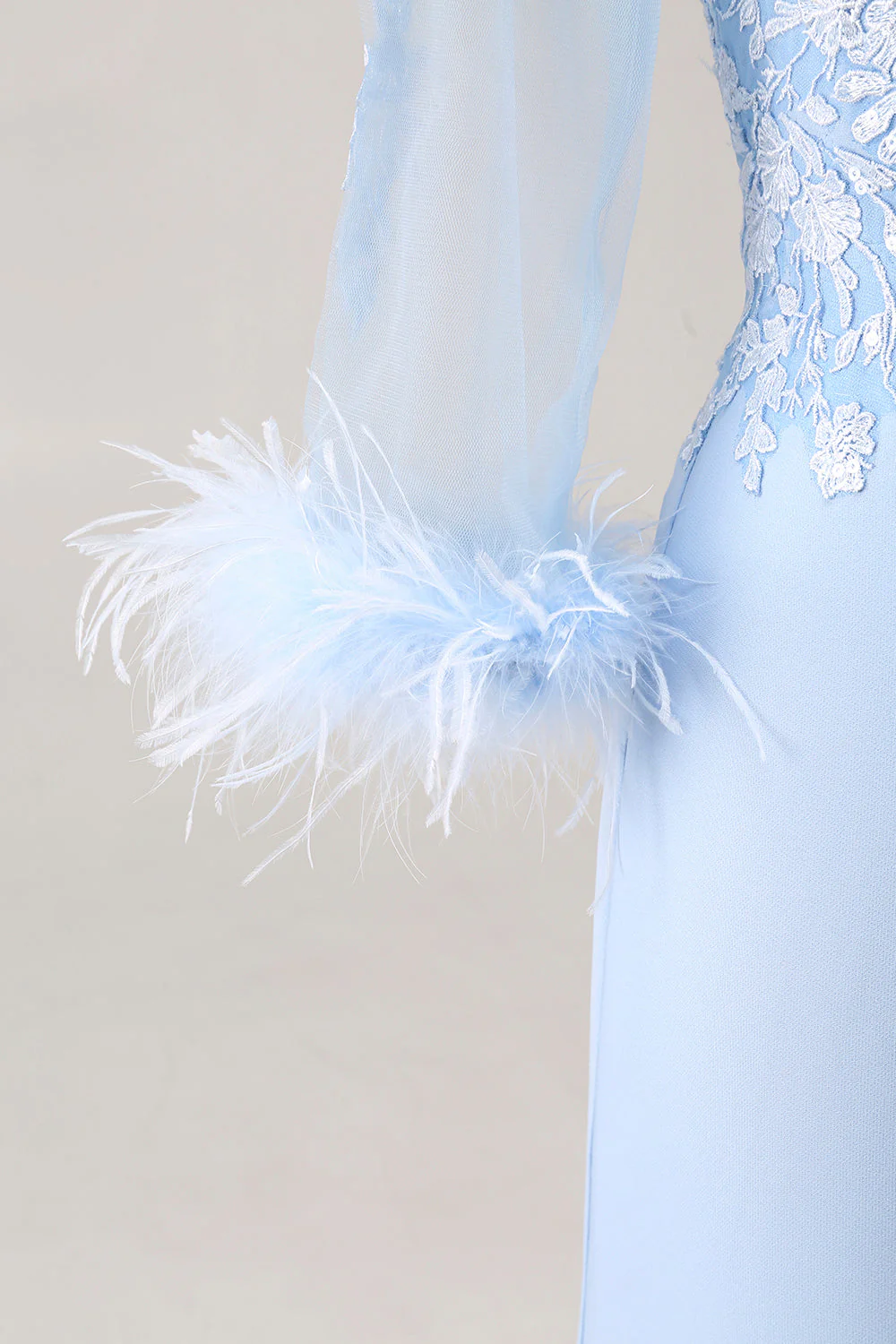 Sky Blue Apppliques V Neck Mermaid Mother Of The Bride Dress with Sleeves - Image 7