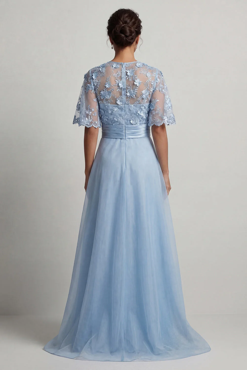 Sky Blue Chiffon A Line Half Sleeves Long Mother of the Bride Dress with 3D Flowers - Image 2