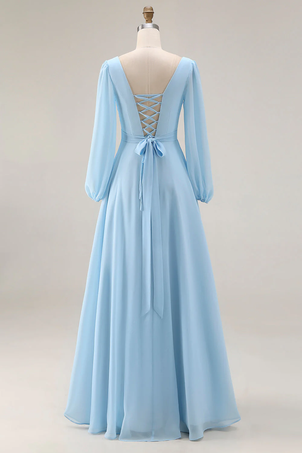 Sky Blue Chiffon A-Line V Neck Long Bridesmaid Dress with Slit - Image 2