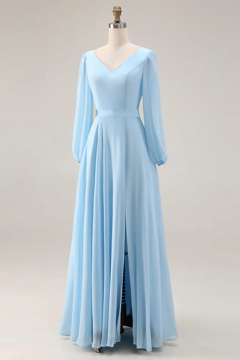 Sky Blue Chiffon A-Line V Neck Long Bridesmaid Dress with Slit - Image 3