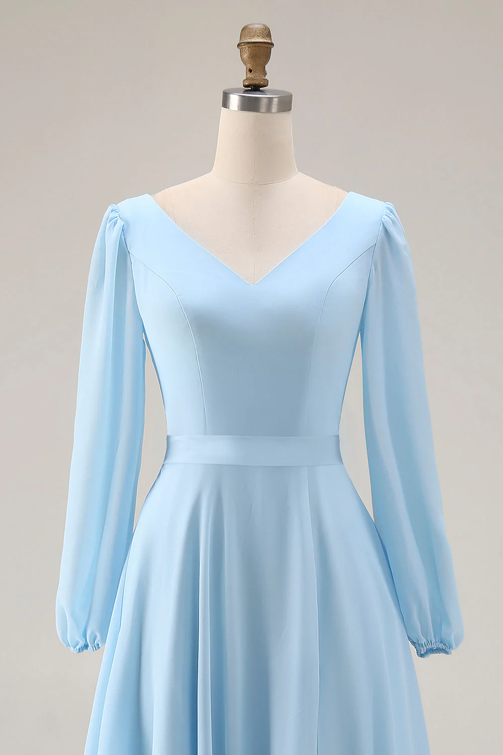 Sky Blue Chiffon A-Line V Neck Long Bridesmaid Dress with Slit - Image 4