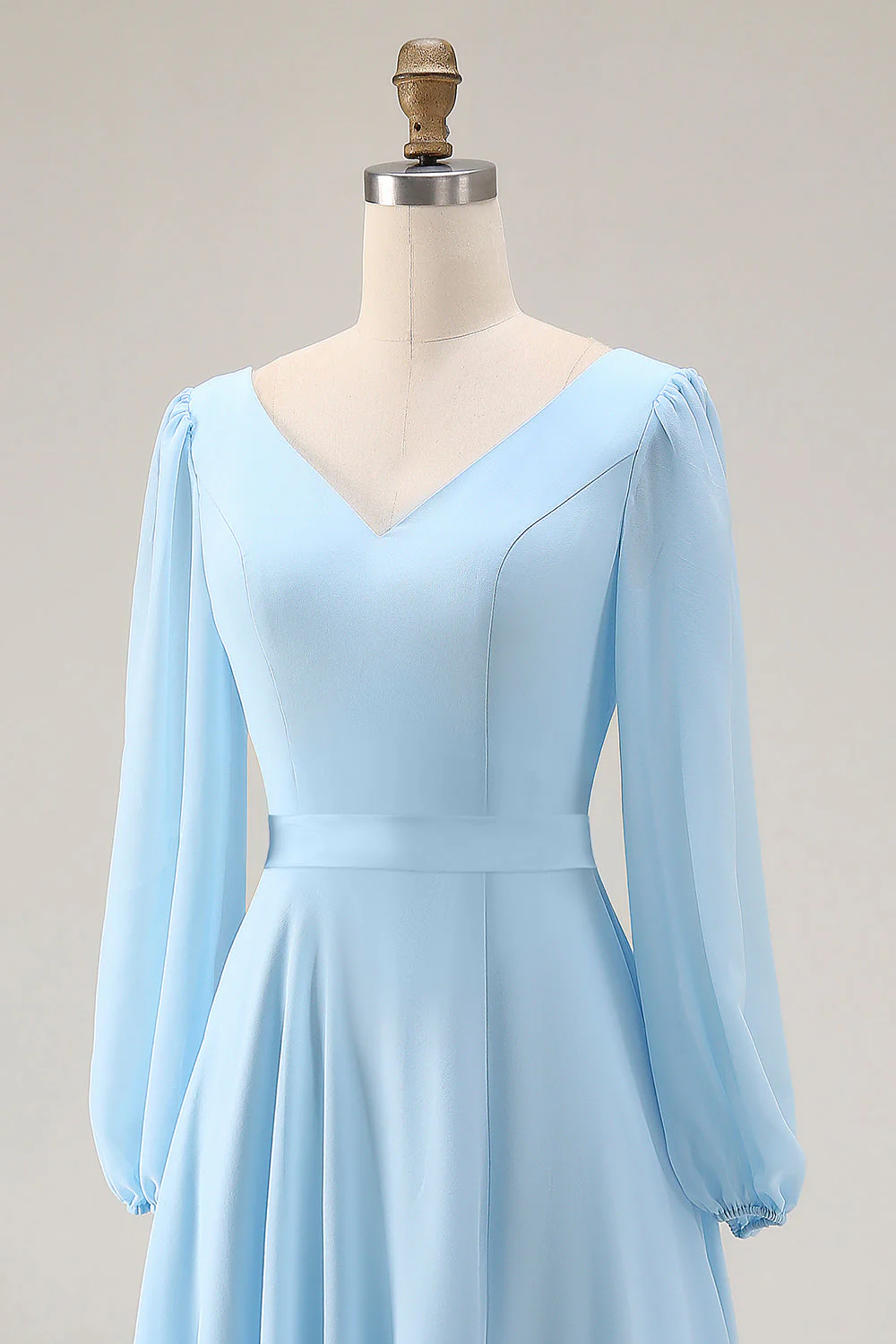 Sky Blue Chiffon A-Line V Neck Long Bridesmaid Dress with Slit - Image 5