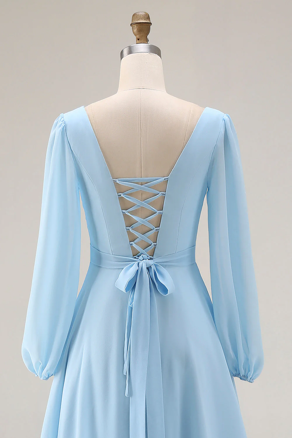 Sky Blue Chiffon A-Line V Neck Long Bridesmaid Dress with Slit - Image 6