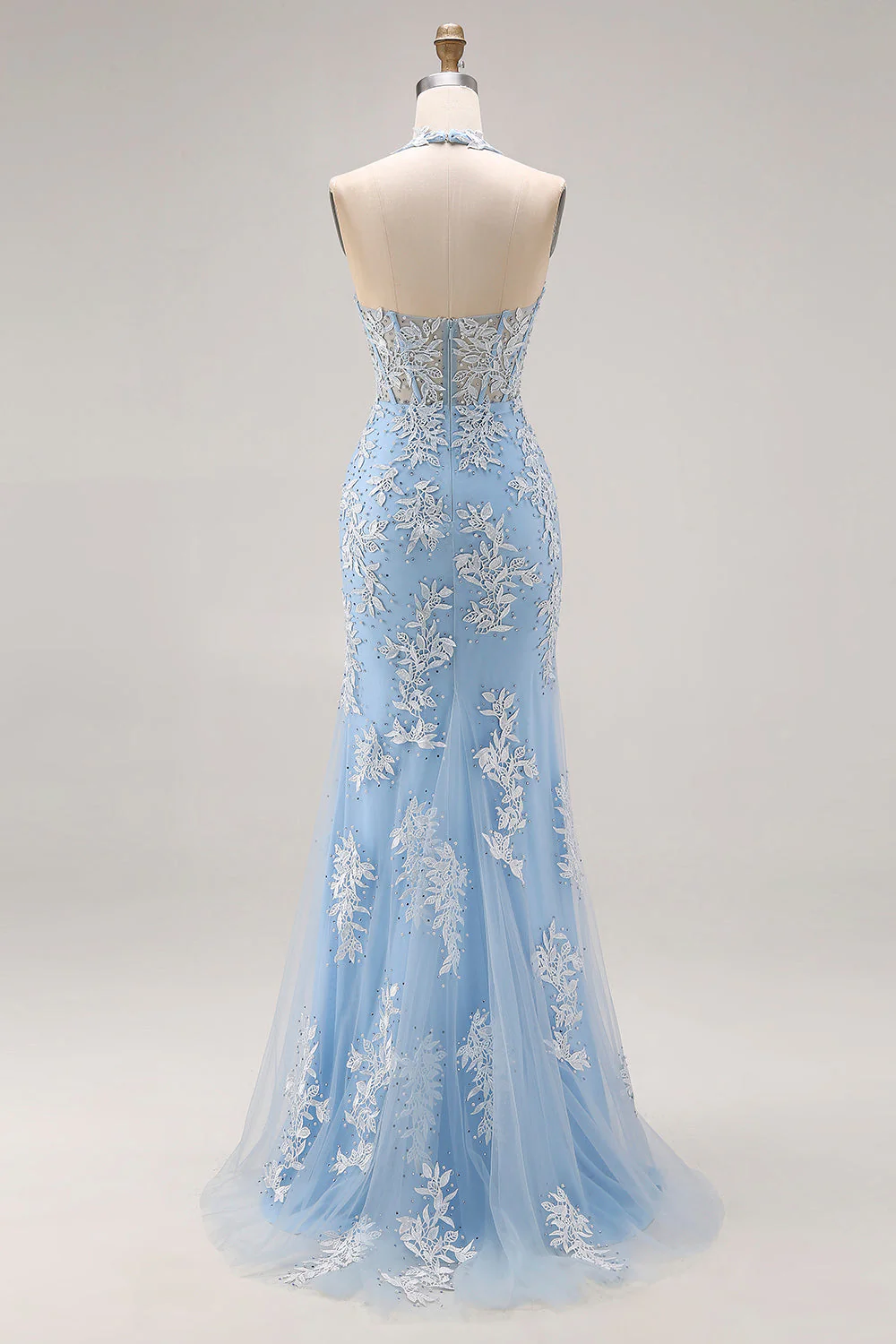 Sky Blue Halter Mermaid Beaded Corset Applique Long Prom Dress with Slit - Image 2