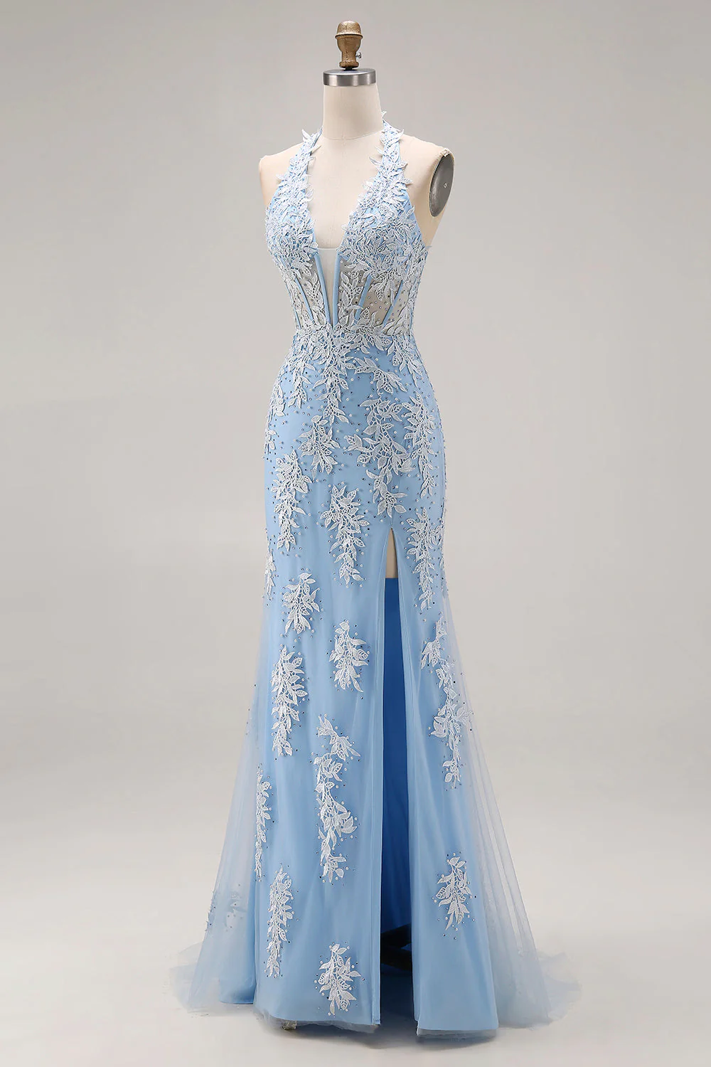 Sky Blue Halter Mermaid Beaded Corset Applique Long Prom Dress with Slit - Image 3