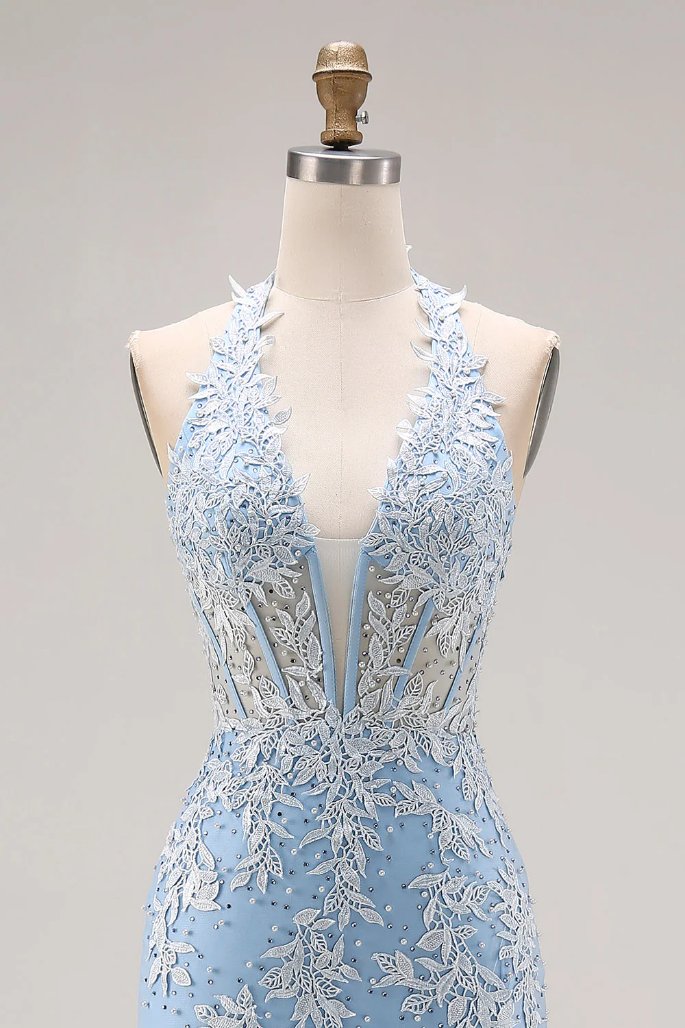 Sky Blue Halter Mermaid Beaded Corset Applique Long Prom Dress with Slit - Image 4
