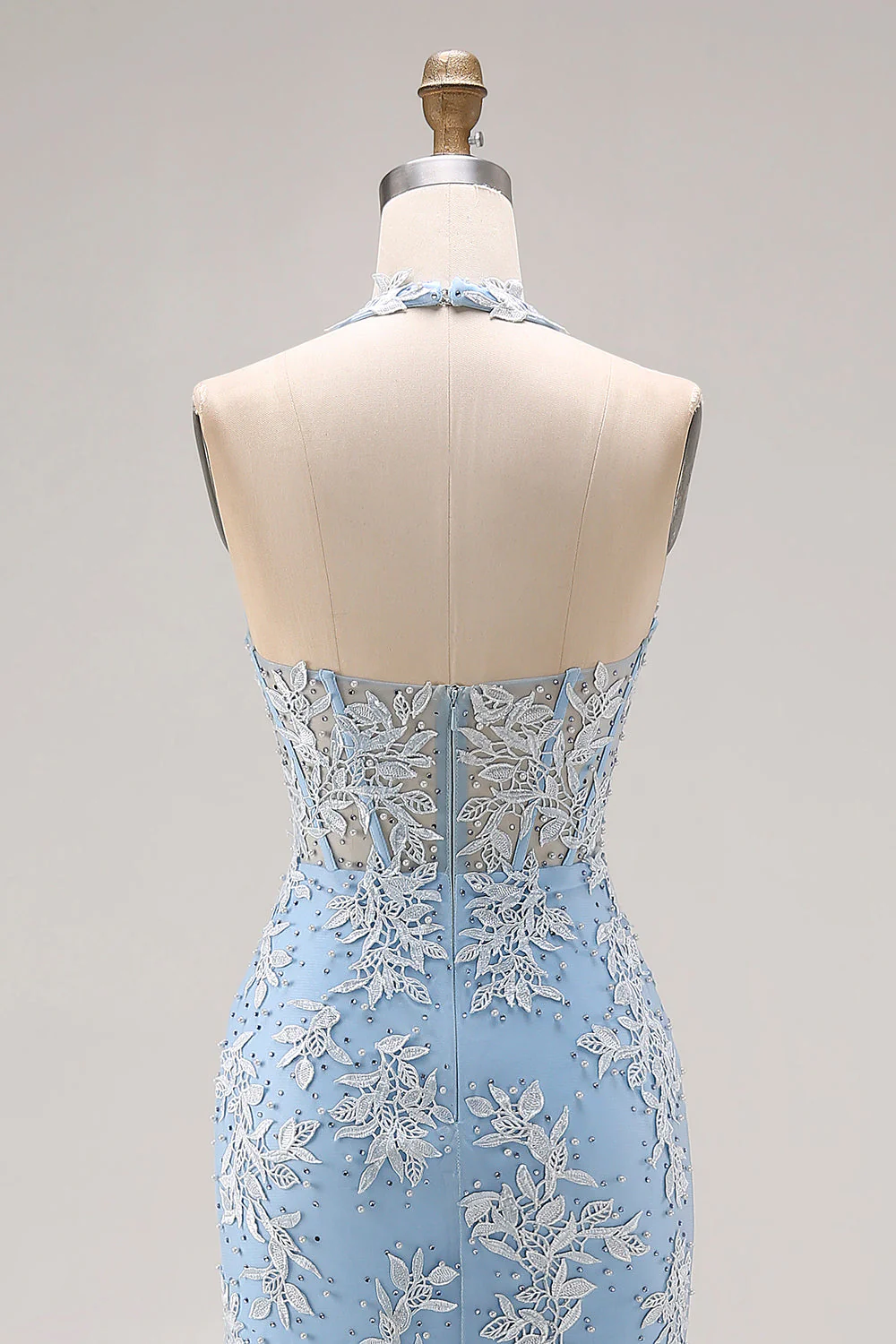 Sky Blue Halter Mermaid Beaded Corset Applique Long Prom Dress with Slit - Image 5