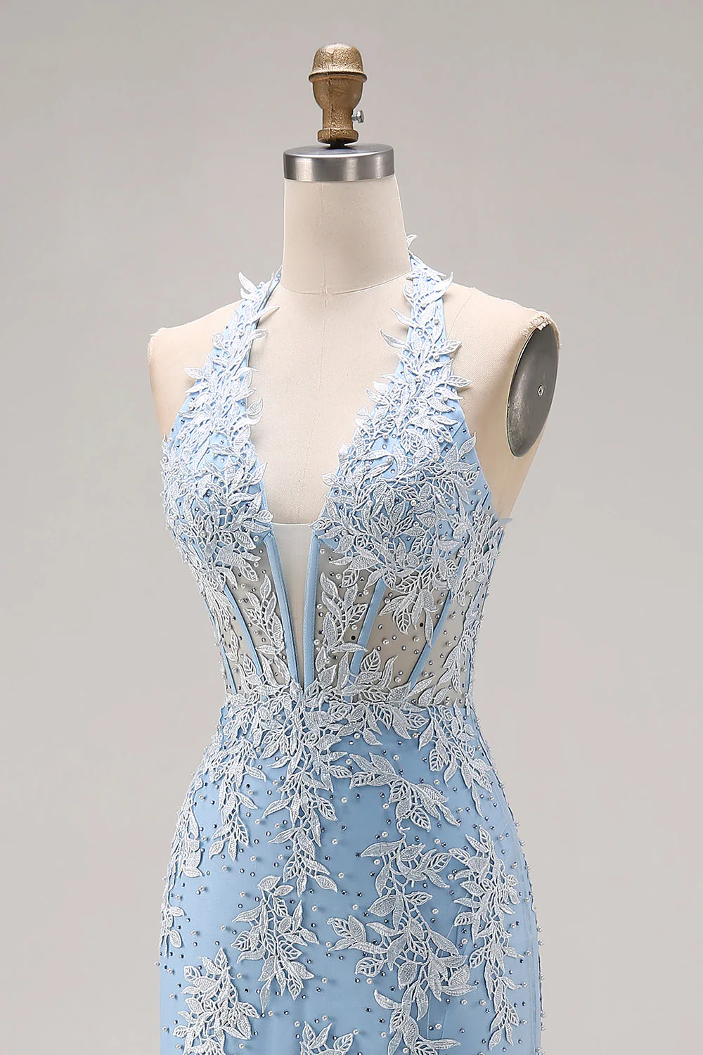 Sky Blue Halter Mermaid Beaded Corset Applique Long Prom Dress with Slit - Image 6