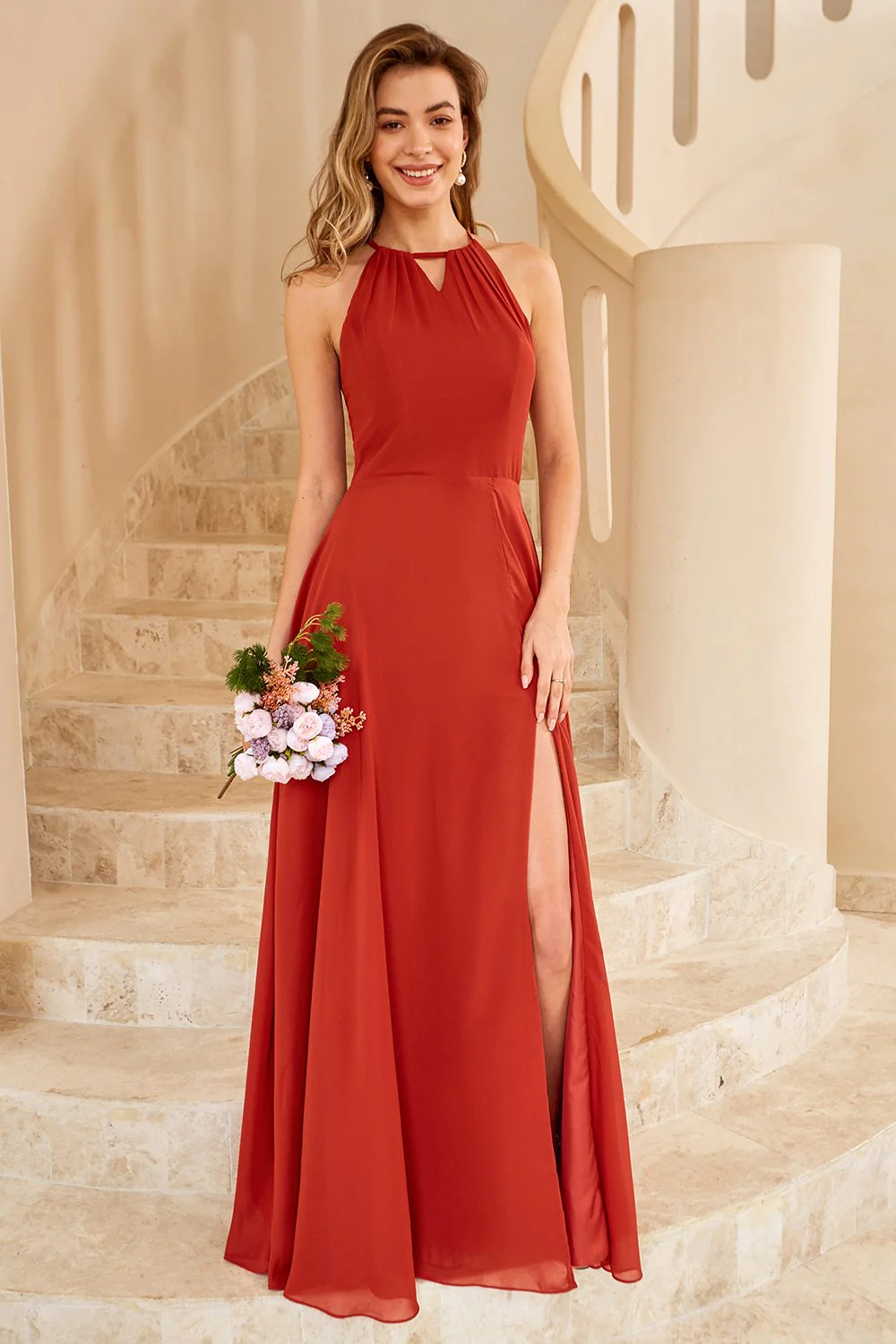 Sky Blue Long Chiffon Bridesmaid Dress with Slit - Image 6