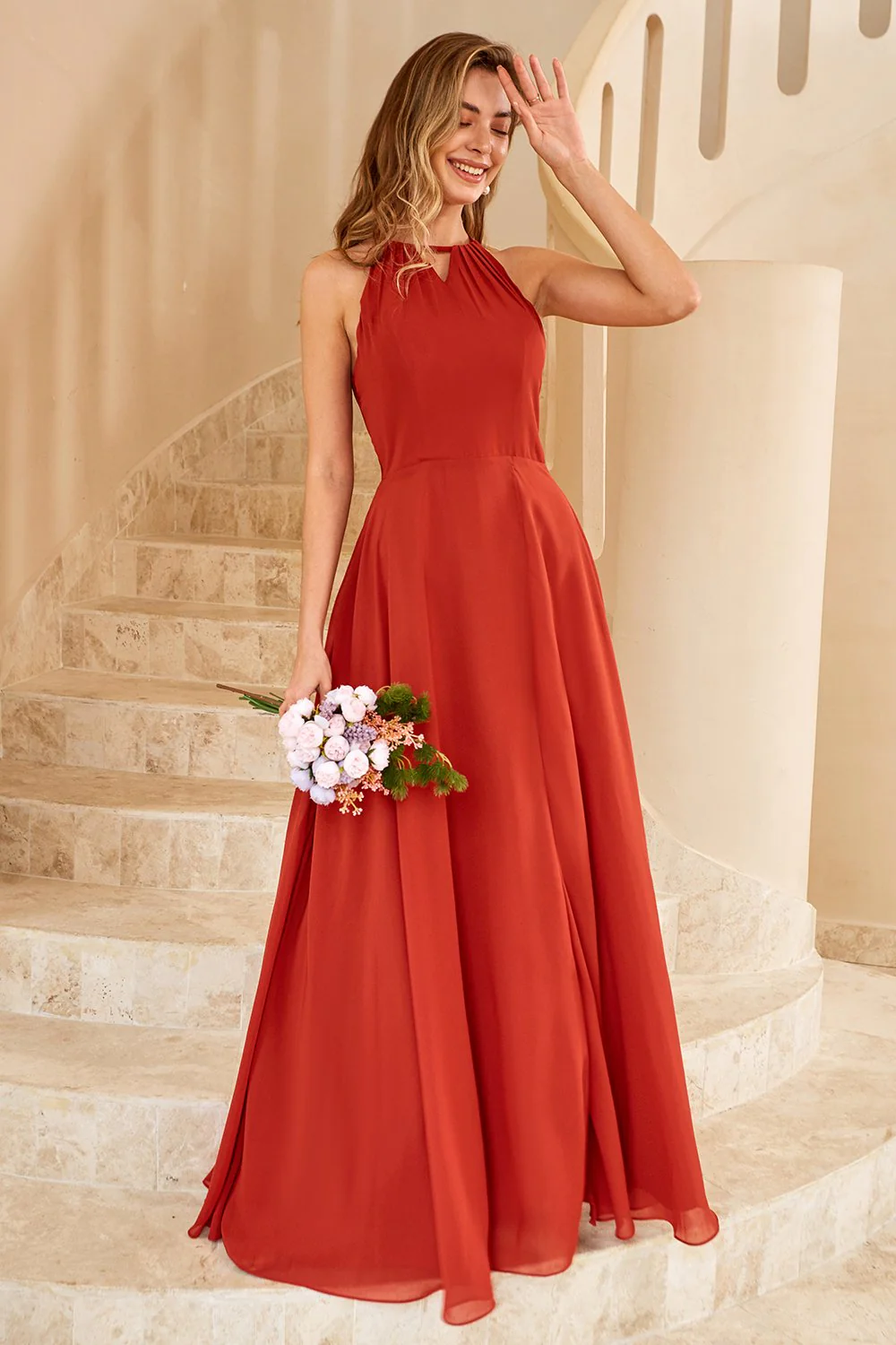 Sky Blue Long Chiffon Bridesmaid Dress with Slit - Image 8