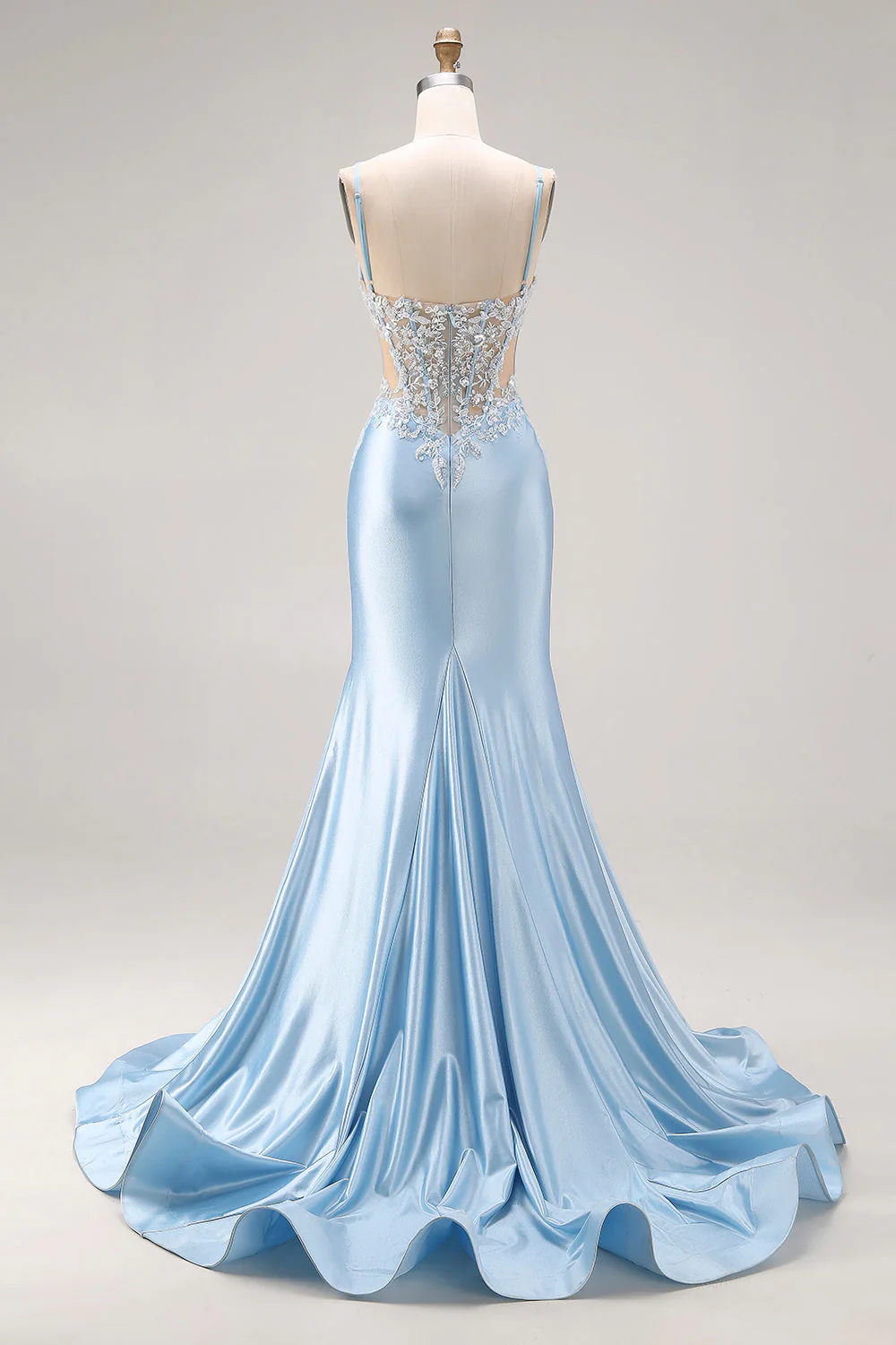 Sky Blue Mermaid Cut Out Corset Long Satin Prom Dress with Beading - Image 2