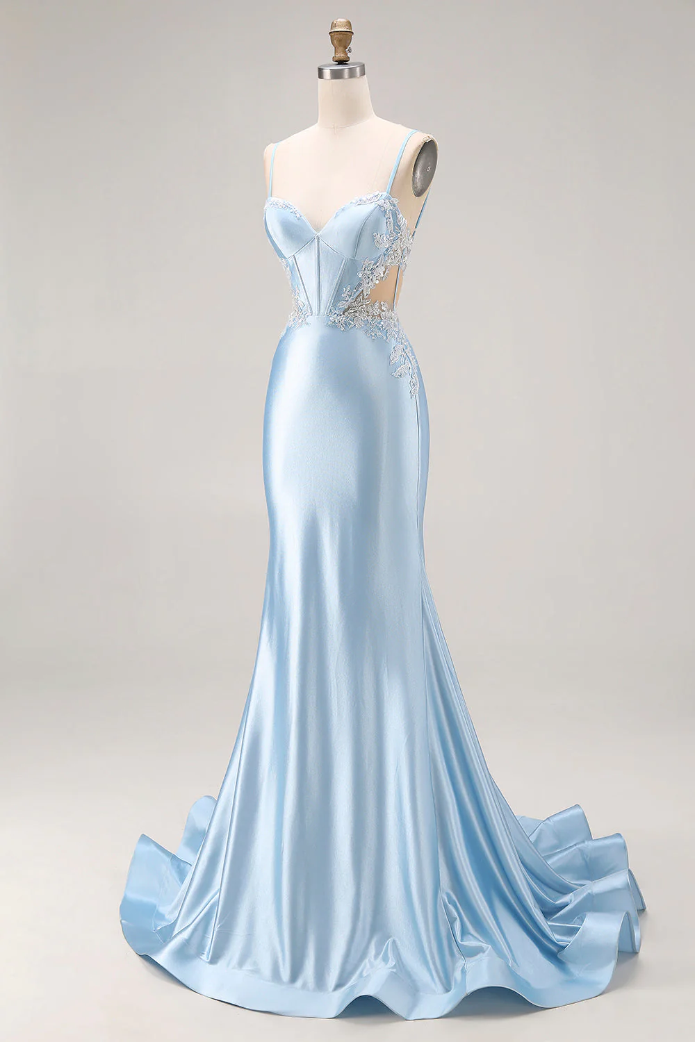 Sky Blue Mermaid Cut Out Corset Long Satin Prom Dress with Beading - Image 3