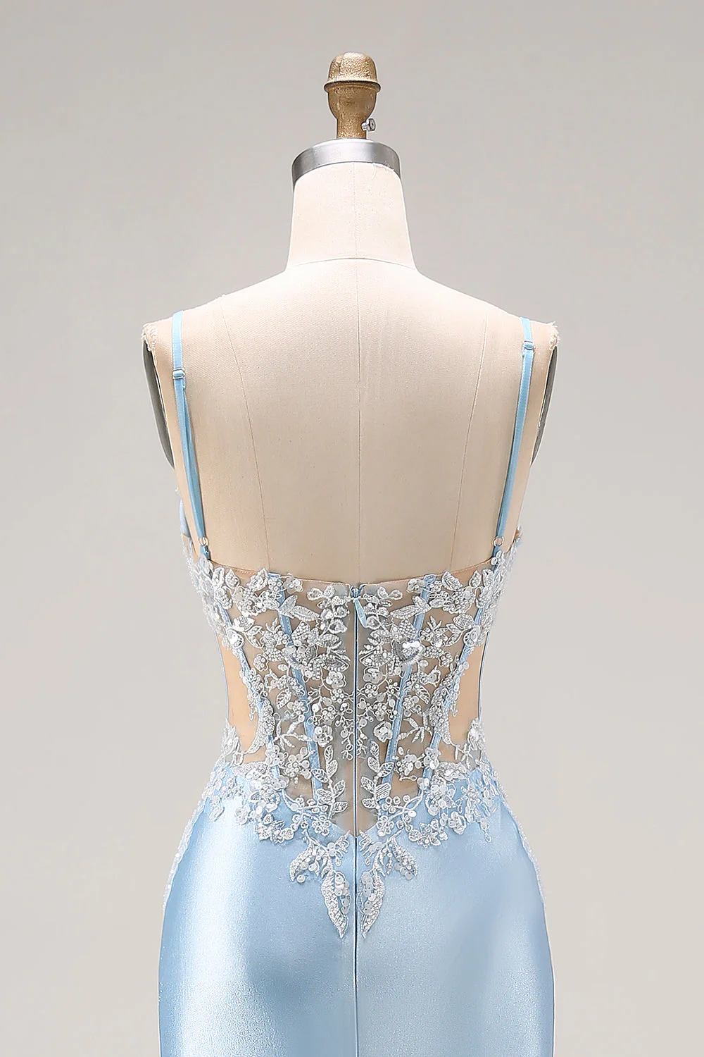 Sky Blue Mermaid Cut Out Corset Long Satin Prom Dress with Beading - Image 5