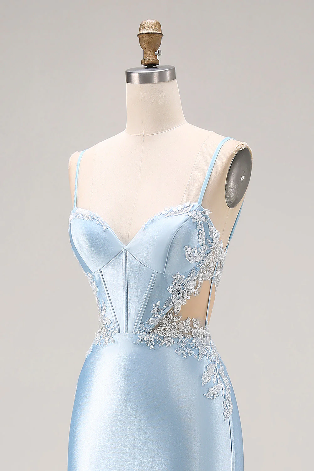 Sky Blue Mermaid Cut Out Corset Long Satin Prom Dress with Beading - Image 6
