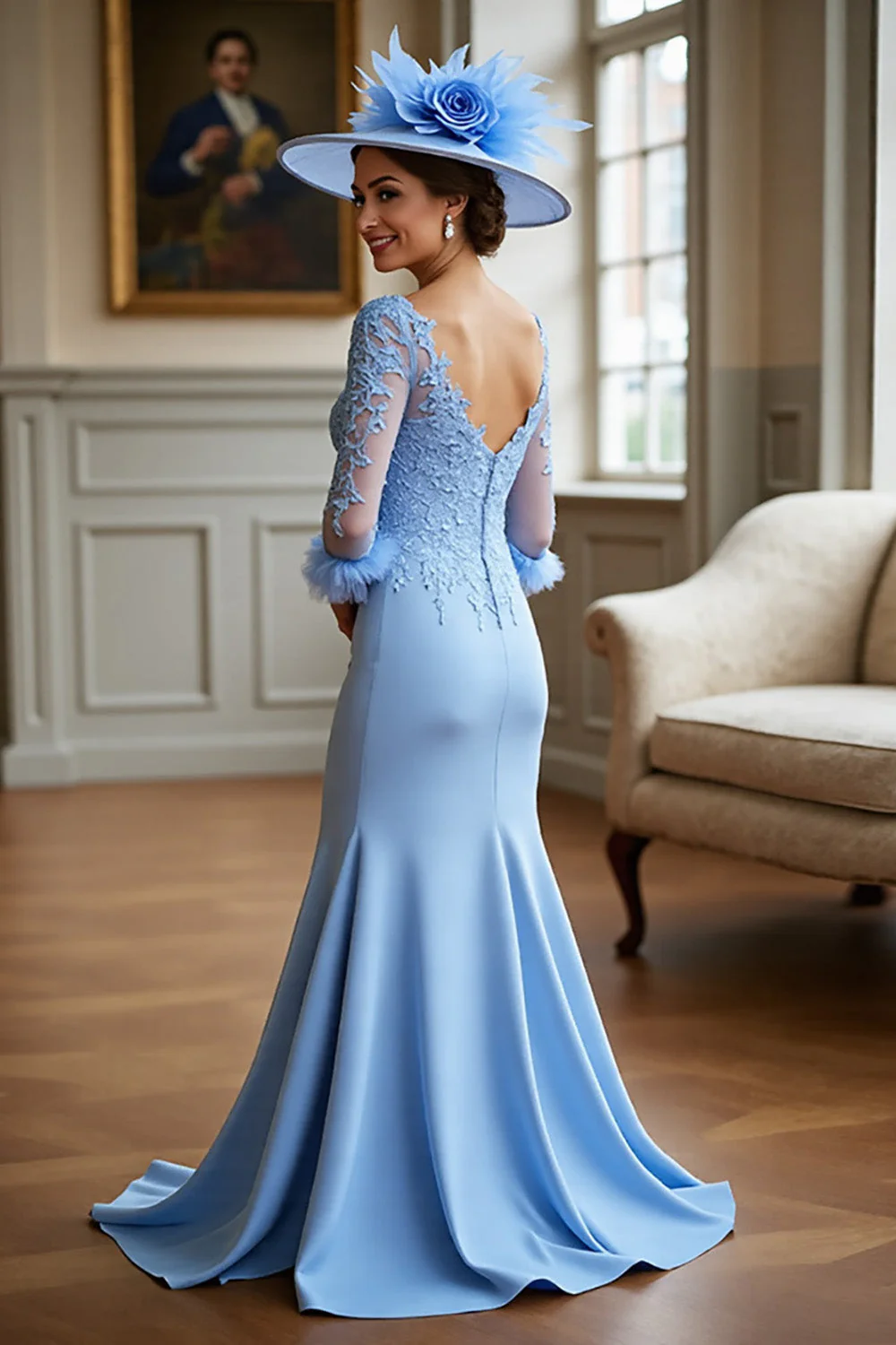 Sky Blue Mermaid Mother Of The Bride Dress With Appliques - Image 2