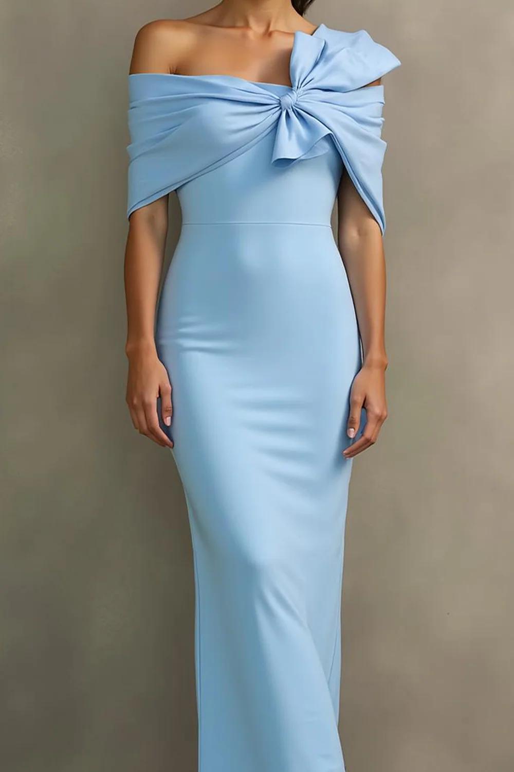 Sky Blue Mermaid Off the Shoulder Long Formal Dress with Bow - Image 2
