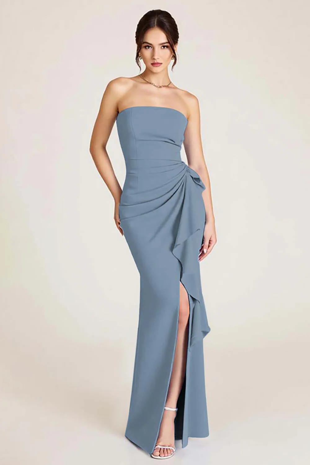 Sky Blue Mermaid Ruched Wedding Guest Dress With Slit - Image 10