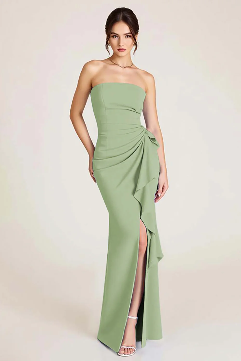 Sky Blue Mermaid Ruched Wedding Guest Dress With Slit - Image 12