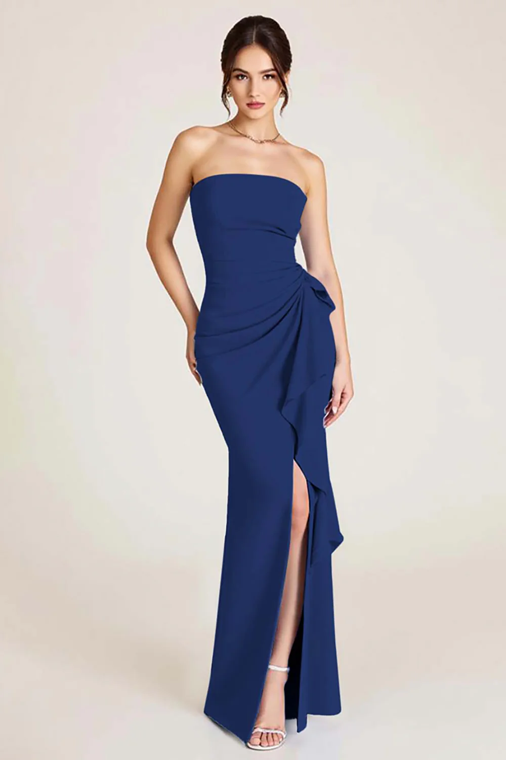 Sky Blue Mermaid Ruched Wedding Guest Dress With Slit - Image 8