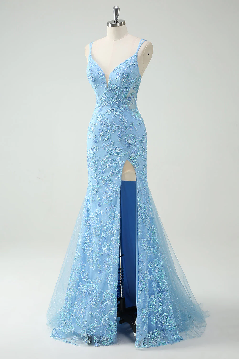 Sky Blue Mermaid Spaghetti Straps Appliqued Long Prom Dress with Slit - Image 3