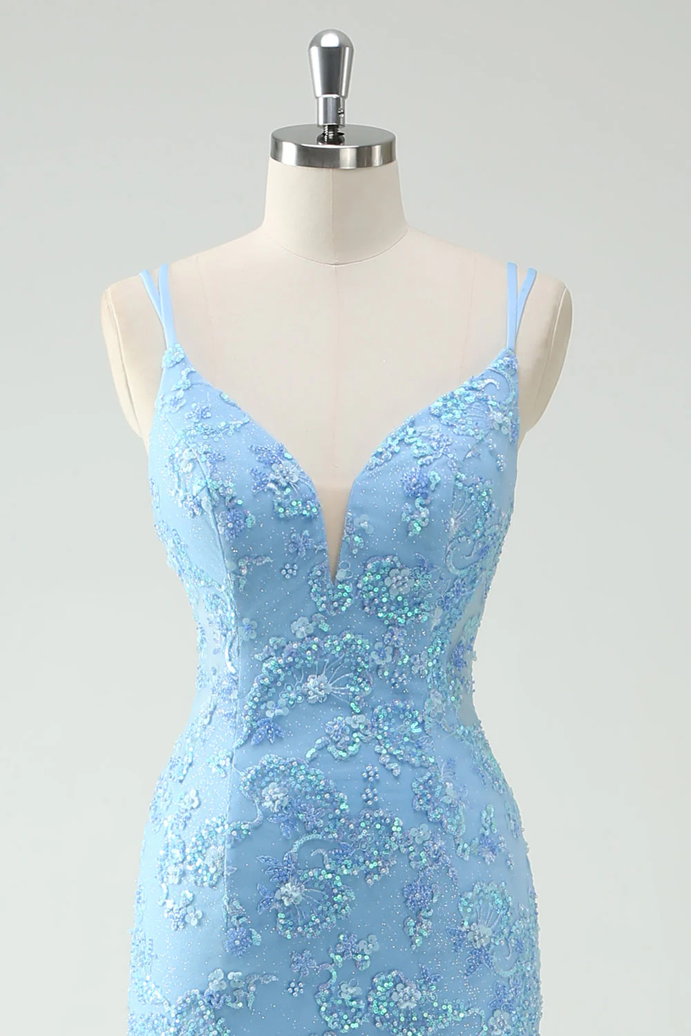 Sky Blue Mermaid Spaghetti Straps Appliqued Long Prom Dress with Slit - Image 4