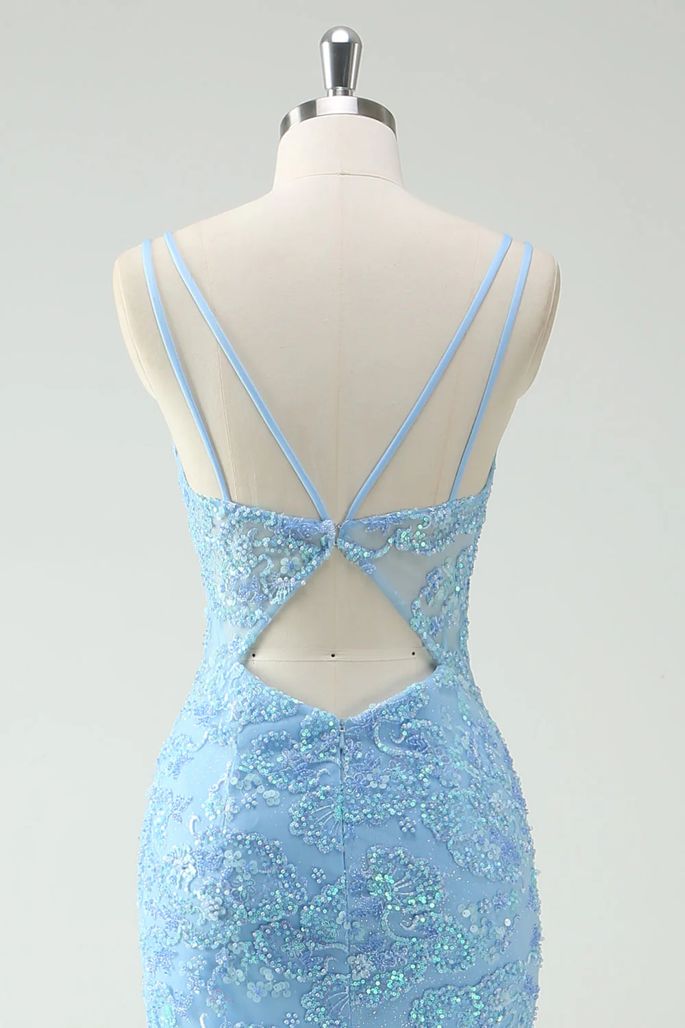 Sky Blue Mermaid Spaghetti Straps Appliqued Long Prom Dress with Slit - Image 5