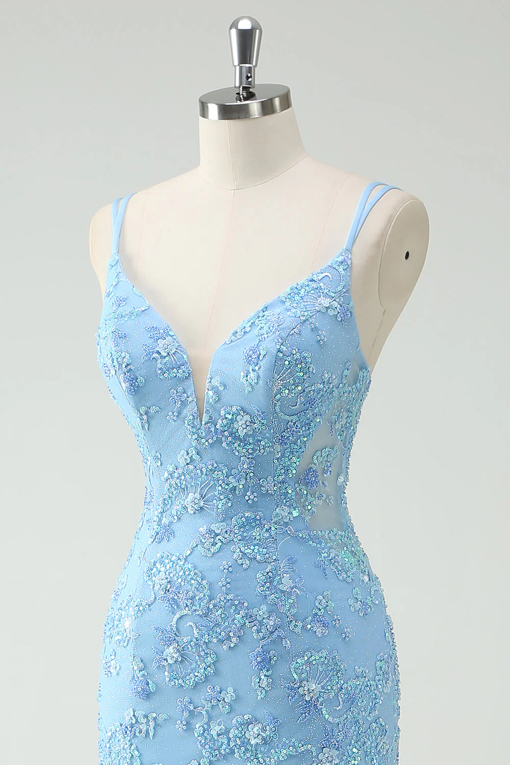 Sky Blue Mermaid Spaghetti Straps Appliqued Long Prom Dress with Slit - Image 6