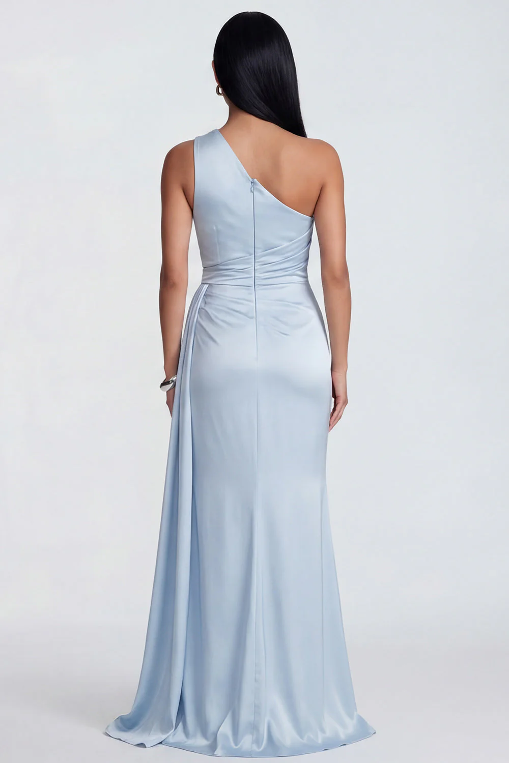 One Shoulder Mermaid Sky Blue Ruched Maxi Satin Dress - Image 2