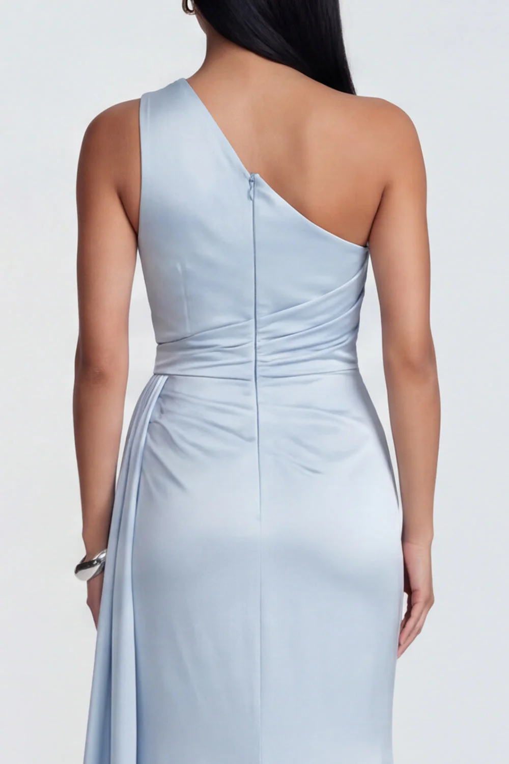 One Shoulder Mermaid Sky Blue Ruched Maxi Satin Dress - Image 4