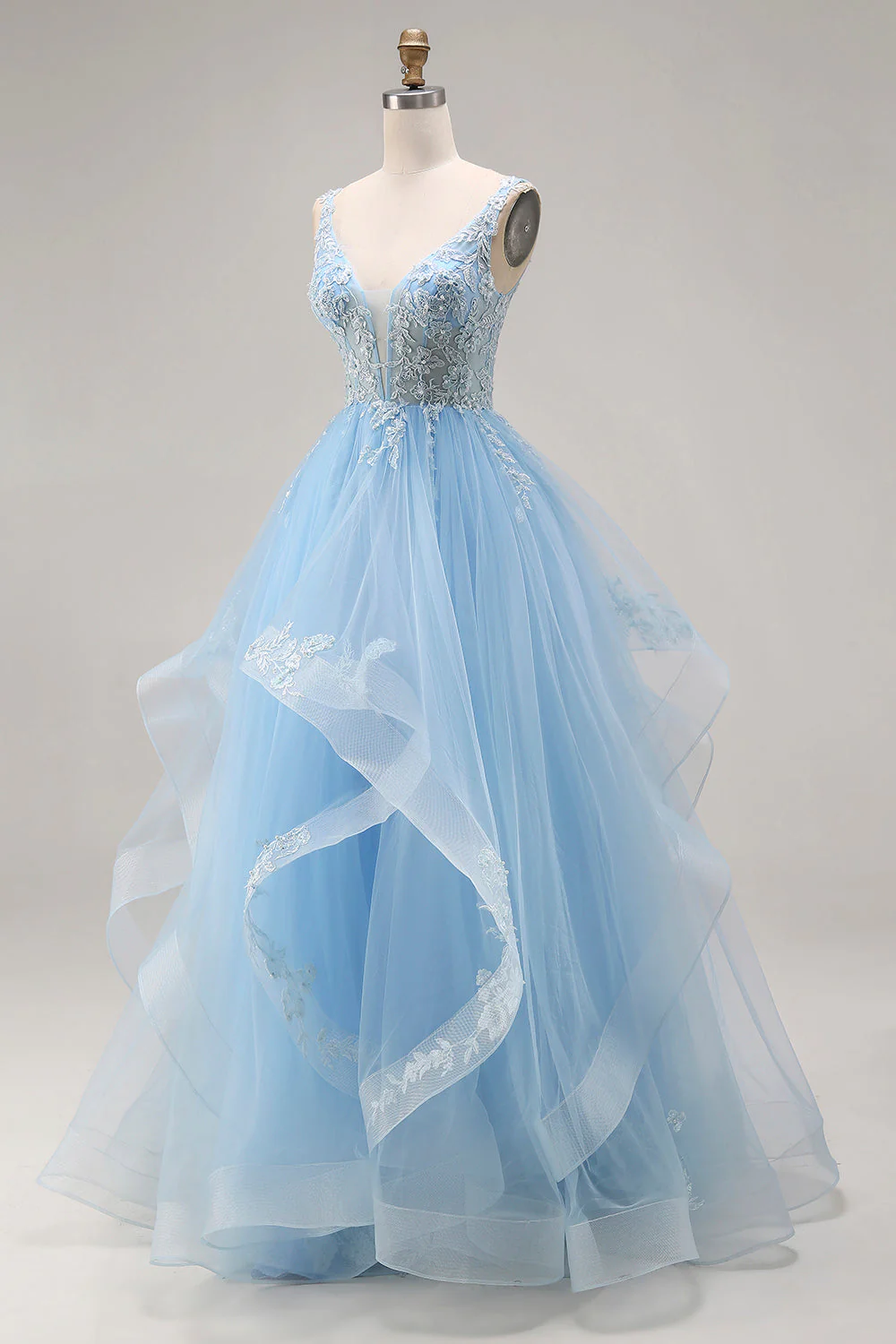 Princess Sky Blue Organza V Neck Appliqued Ruffled Long Prom Dress - Image 3