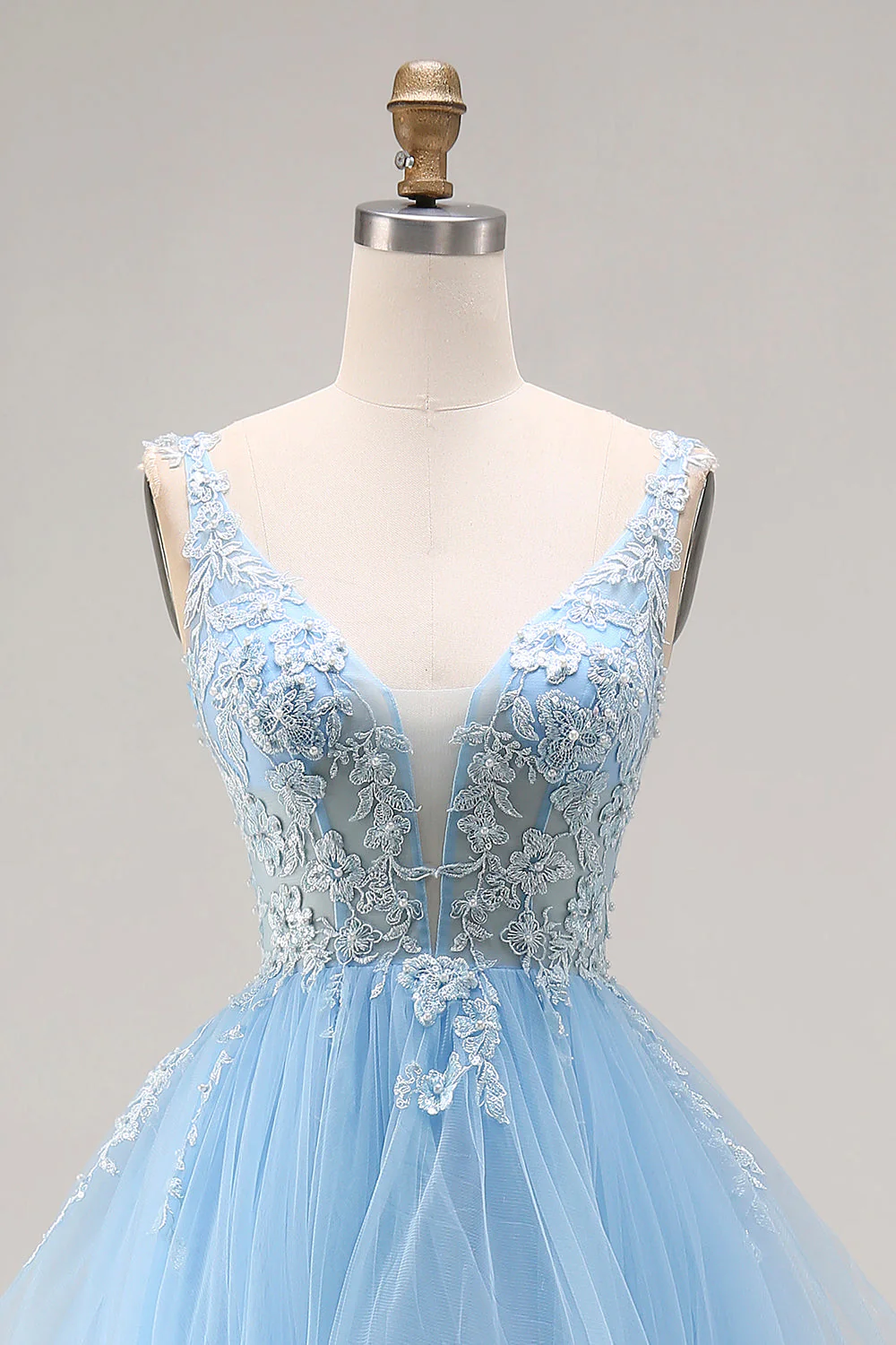 Princess Sky Blue Organza V Neck Appliqued Ruffled Long Prom Dress - Image 4