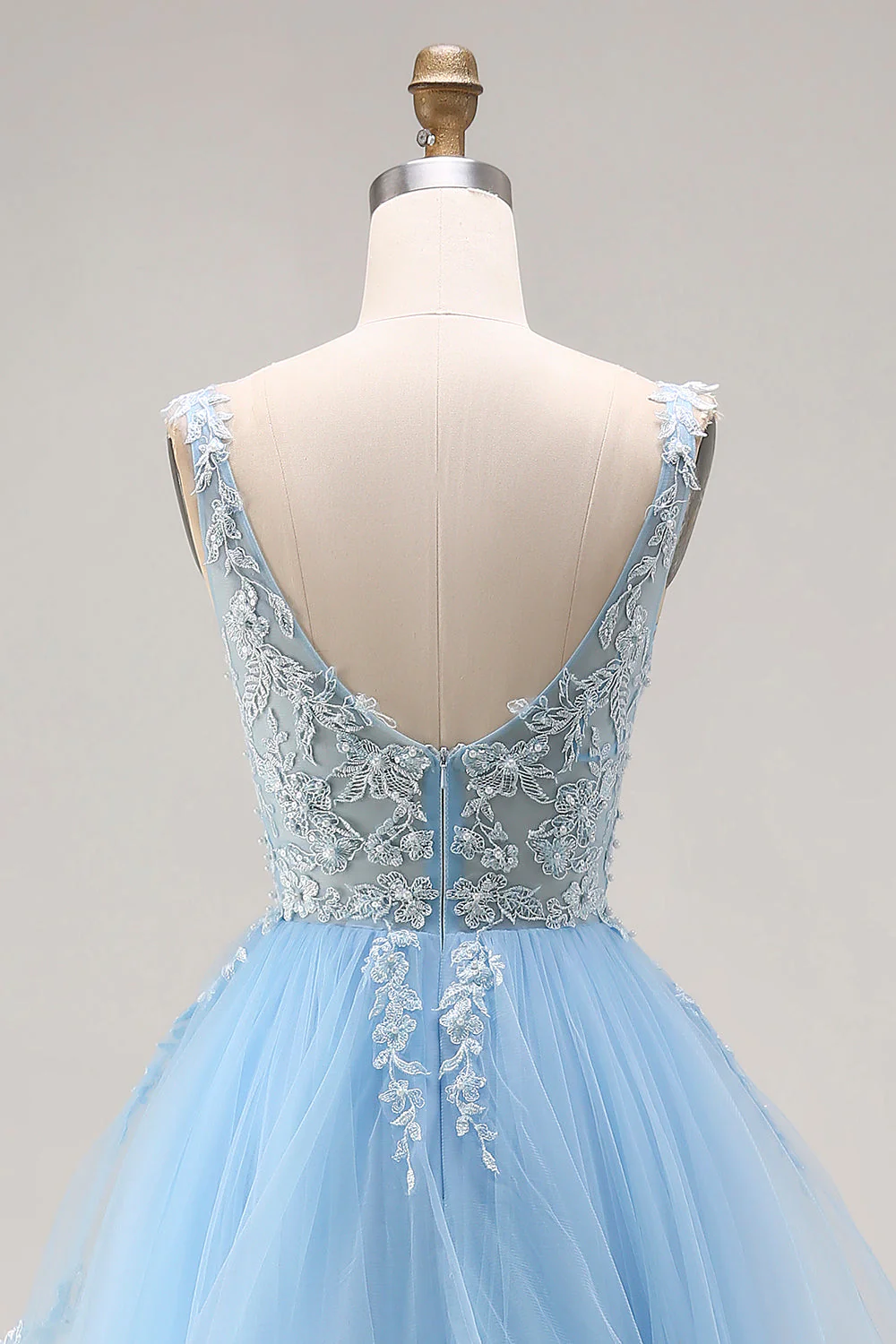 Princess Sky Blue Organza V Neck Appliqued Ruffled Long Prom Dress - Image 5